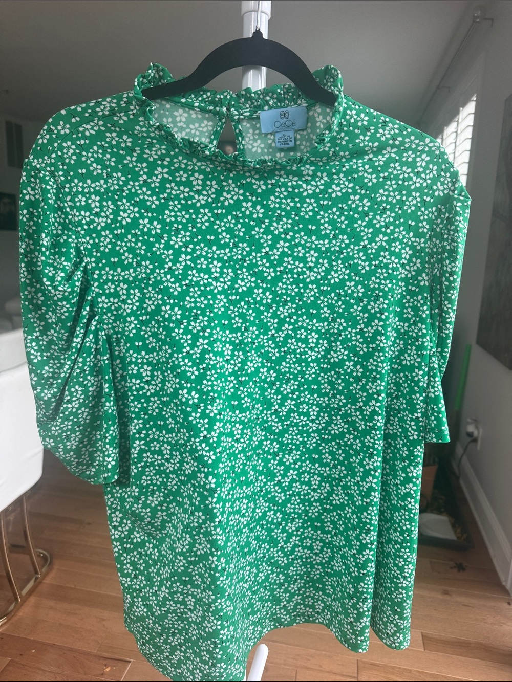 CeCe Green and White Floral Ruffle Mock-Neck Blouse